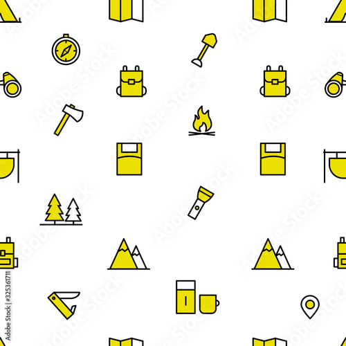 Camping vector seamless. Pattern with hiking elements. Background with outline camping icons. Travelling wallpaper. 