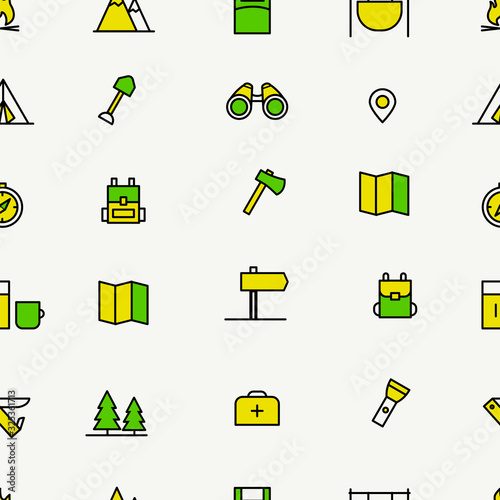 Camping color vector seamless. Pattern with hiking elements. Background with outline camping icons. Travelling wallpaper.