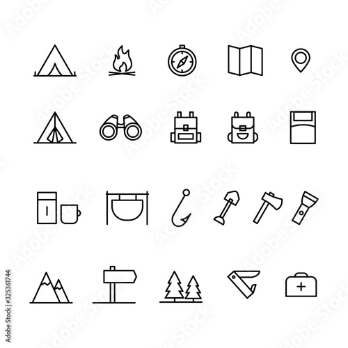 Camping outline icons set. Hiking black line symbols collection.Travelling elements.