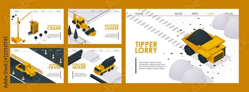 Construction machinery website design vector illustration. Landing page construction transport crane,backhoe loader,asphalt paver,concrete mixer and tipper lorry, truck. Company web page template.