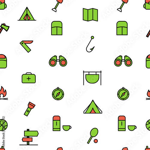 Camping activities seamless. pattern with hiking color outline objects. Camping background.Travelling wallpaper.