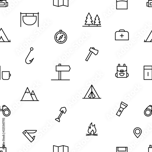 Camping seamless with outline icons. Hiking black pattern. Background with black line camping elements. Travelling wallpaper.