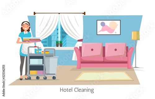Hotel Cleaning Flat Cartoon Banner Vector Illustration. Maid in Uniform Pushing Trolley Cart with Supplies such as Detergents, Washclothes and Bedclothes. Worker Holding Linen. Couch and Lamp.