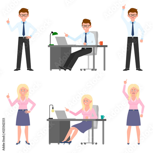 Angry, stressed, mad, unhappy man and woman vector illustration. Shouting, pointing finger, scolding boy and girl cartoon character set on white