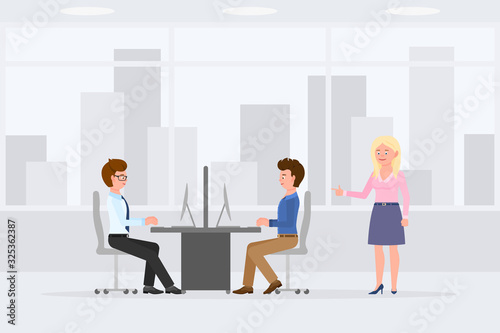 Cartoon character office worker men sitting at desk, typing on computer, desktop, keyboard vector illustration. Business woman manager standing, pointing finger in workplace