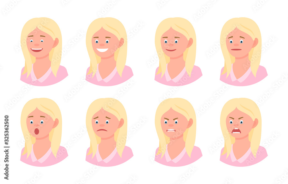 Emotional face cartoon character young office woman 3/4 side view view design vector illustration set. Happy, smiling, upset, surprised, sad, angry, shouting blonde hair lady person flat style Emotional face cartoon character young office woman 3/4 side view view design vector illustration set. Happy, smiling, upset, surprised, sad, angry, shouting blonde hair lady person flat style