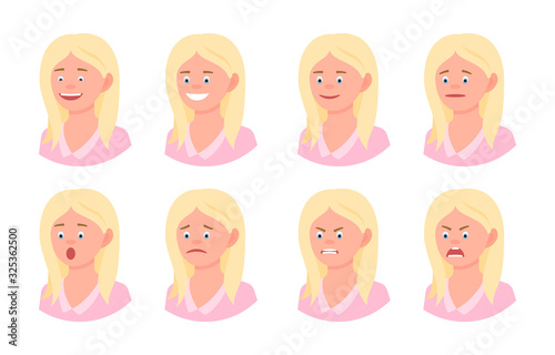 Emotional face cartoon character young office woman 3/4 side view view design vector illustration set. Happy, smiling, upset, surprised, sad, angry, shouting blonde hair lady person flat style