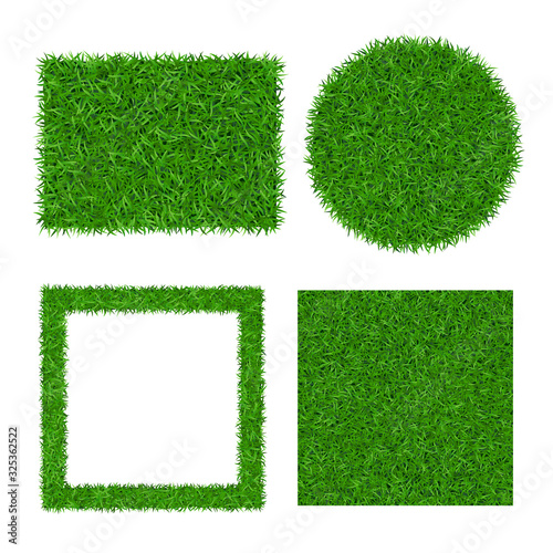 Green grass background isolated 3D set. Lawn greenery nature ball. Soccer field texture circle, square frame, rectangle. Ground grassland pattern. Grassy design. Grow meadow. Vector illustration