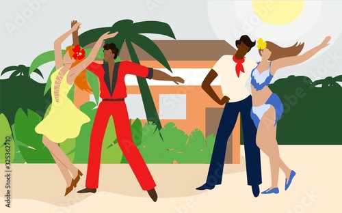 Two Pairs Dancers Dancing on Beach on Background Palm Trees. Dancers Dance Incendiary Dances. Brazilian Dance Festival. Country Cult. People Have Fun. Vector Illustration. Advertising Image with Text.