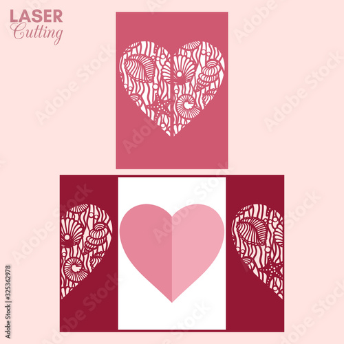 Laser cut template of gate fold card with sea shells patterned heart for brochures, wedding invitations or Valentine's Day greeting card.