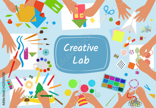 Hands creating handmade work, embroidery, drawing, knitting and scrapbooking. Top view of children hands doing various arts. Hand Drawn vector illustration of creative process.