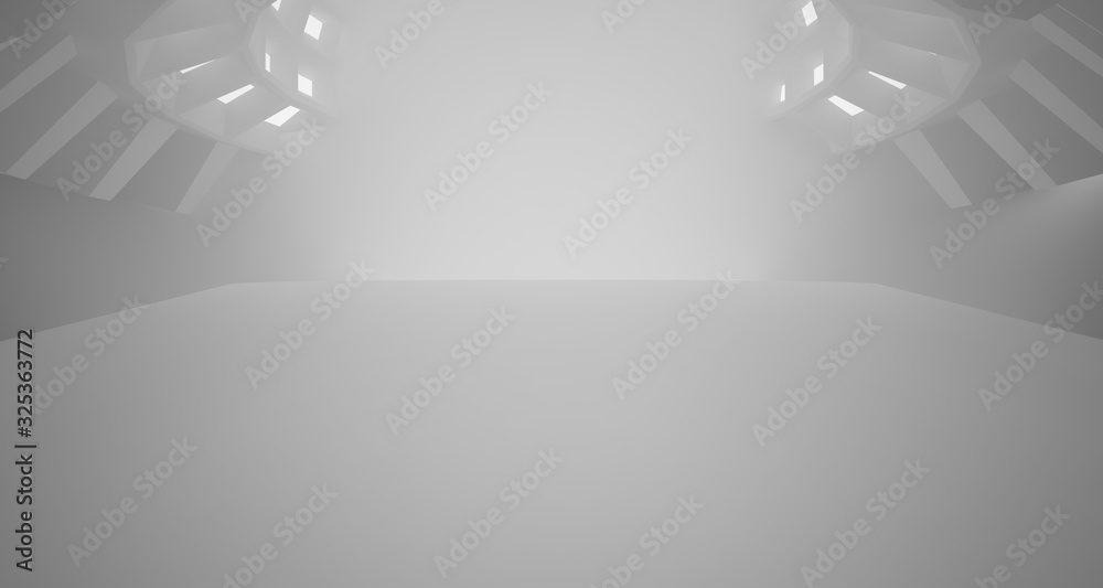 Naklejka premium Abstract architectural background, white interior with discs.Neon lighting. 3D illustration and rendering.