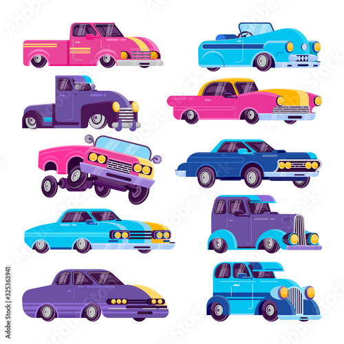 Lowrider auto retro car vector illustration. Set of colorful automobiles vehicle isolated on white background.. Flat design of classic lowrider cartoon machines.