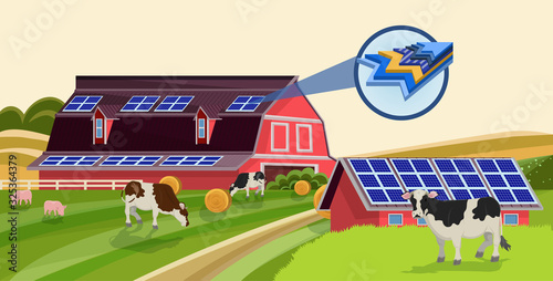 Solar Batteries on Animal Barn Roof Vector Illustration. Cartoon Farm Building with Photovoltaic Panels. Clean Alternative Renewable Energy Generation. Green Technology Ecology Protection