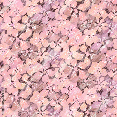 Beautiful coral and pink colored floral vector seamless pattern. Different brightness abstract motley pink flowers under water waves. Softness spring background.