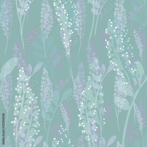 Softness nature vector seamless pattern. Hand drawn abstract light green and purple silhouettes of leaves and flowers on turquoise background. Organic template for design, textile, wallpaper.