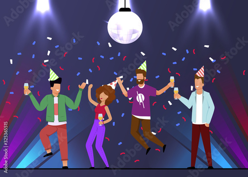Happy Men and Woman Celebrate Corporate Party, Holiday, Birthday in Night Club. People Group Dancing and Clubbing under Confetti Rain. Cartoon Characters Having Fun. Vector Flat Illustration