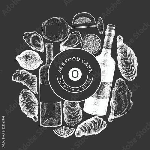Oysters and wine design template. Hand drawn vector illustration on chalk board. Seafood banner. Can be used for design menu, packaging, recipes, label, fish market, seafood products.