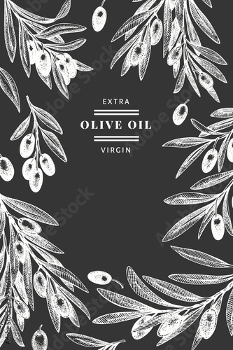Olive branch design template. Hand drawn vector food illustration on chalk board. Engraved style mediterranean plant. Retro botanical picture.