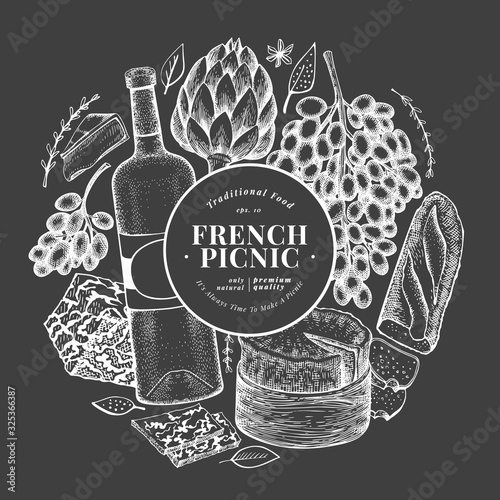 French food illustration design template. Hand drawn vector picnic meal illustrations on chalk board. Engraved style different snack and wine banner. Vintage food background.