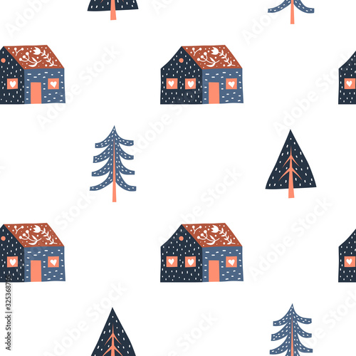 White seamless pattern with doodle houses, fir or pine trees and Nordic ornaments in Scandinavian folk art style.