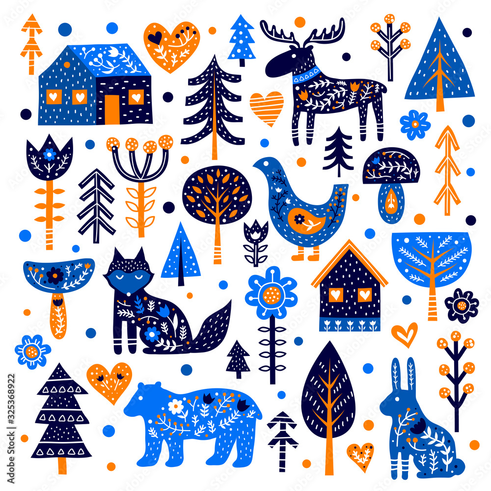Set of animals, trees, houses, flowers, mushrooms and Nordic ornaments in folk style isolated on white background. Perfect for posters, cards, prints, children illustrations. Stock Vector | Adobe Stock