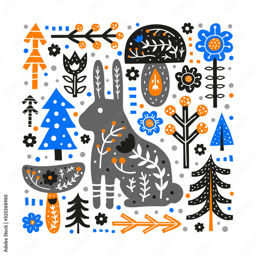 Doodle poster with hare, forest trees, flowers, mushrooms, dots and Nordic ornaments in Scandinavian folk art style isolated on white background. Perfect for posters, cards, banners, textile prints.