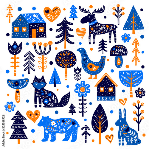 Canvas Print Set of doodle animals, trees, houses, flowers, mushrooms and Nordic ornaments in Scandinavian folk art style isolated on white background