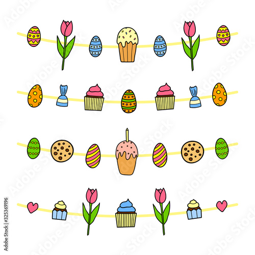 Set of cute colorful doodle garlands with food, flowers and sweets. Can be used for Easter cards, posters, prints, banners.