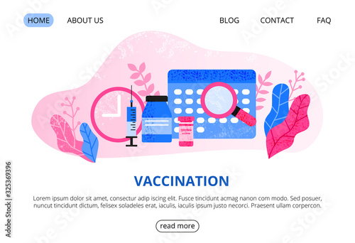 Web page template with big medical syringe, pills, clock, calendar, loupe, leaves. Time to vaccination. Landing page concept. Modern flat vector background.