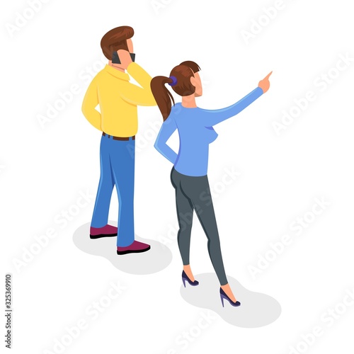 Young brunette woman standing near man and pointing finger at something in front of her. Guy holding phone next to his ear and calling to someone. Vector isometric illustration isolated on white.