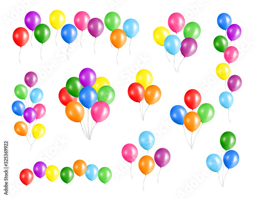 Bunches and groups of colorful glossy helium balloons isolated on white background.