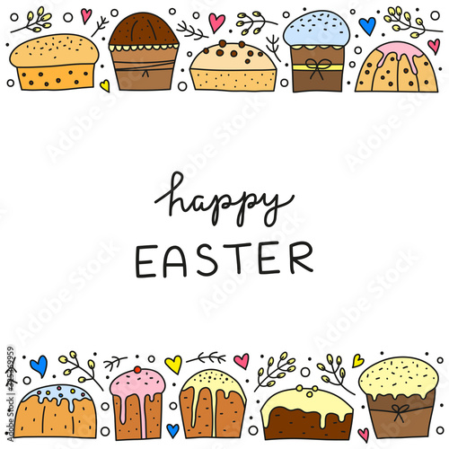 Poster with doodle colored Easter kulich cakes or Christmas panettones and pussy willows, hearts, dots isolated on white background.