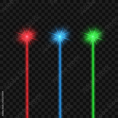 Abstract red, blue and green laser beam. Isolated on transparent black background. Vector stock illustration