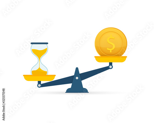 Time is money on scales icon. Money and time balance on scale. Vector stock illustration.