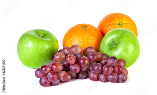 Apple, orange and grape isolated on white background
