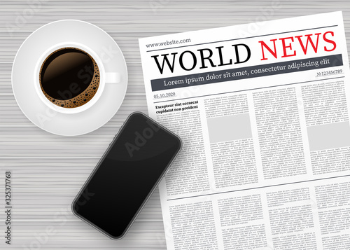 Vector mock up of a blank daily newspaper, Coffee and smartphone. Fully editable whole newspaper in clipping mask. Vector stock illustration.