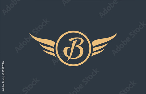 B yellow blue alphabet letter logo with wing wings icon and circle for business design and company