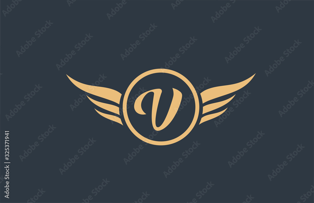 V yellow blue alphabet letter logo with wing wings icon and circle for ...