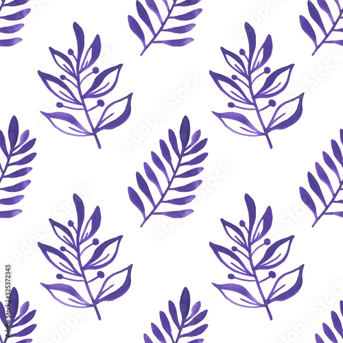 Seamless pattern with leaves. Watercolor violet branches isolated on a white background