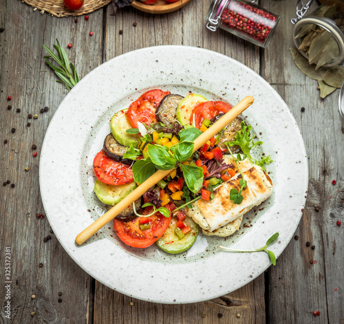 grilled vegetables, grilled suluguni cheese