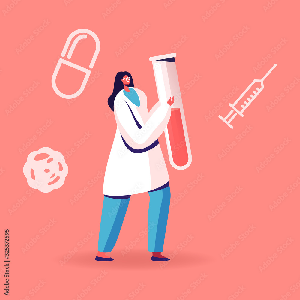 Blood Test on Hepatitis. Female Nurse or Doctor Character Carrying Huge Test Tube with Lifeblood. Medical Healthcare, Charity or Transfusion in Donation Laboratory. Cartoon Flat Vector Illustration - obrazy, fototapety, plakaty 