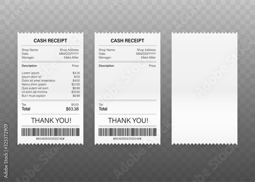 Receipts of realistic payment paper bills for cash or credit card transaction. Vector stock illustration.
