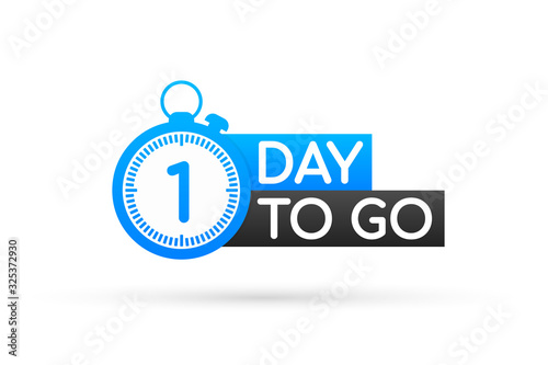 One day to go label, red flat with alarm clock, promotion icon. Vector stock illustration.