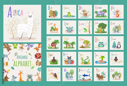 Alphabet of animals. Cute animals with latin letters on a white background. Set of 26 animals. Colorful vector illustration.