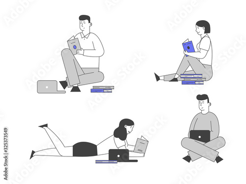 Young People Study Set Isolated on White Background. Girls and Boys with Laptops and Books Sitting on Floor Prepare to Exam. Distance Learning, Online Courses Cartoon Flat Vector Illustration Line Art