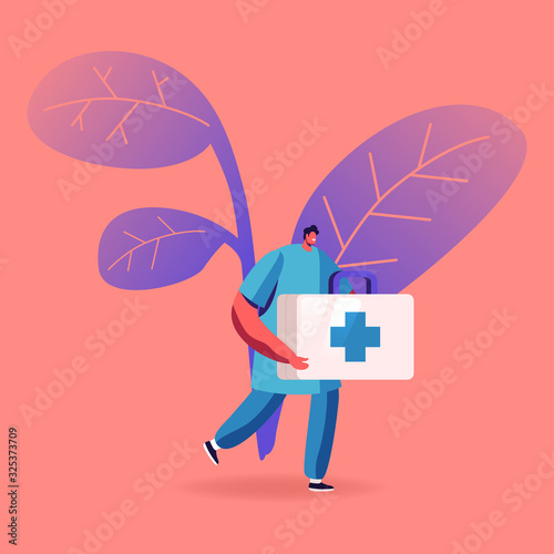 Doctor or Nurse in Robe with Medical Tools in Box with Cross Running to Help Diseased Patient with Hepatitis Crisis. Clinic, Hospital Healthcare Staff at Work Medicine Cartoon Flat Vector Illustration