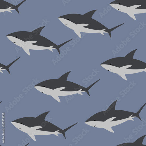 Vector sea animal wild. Seamless pattern with sharks on blue background. Vector colorful illustration. Adorable character for cards, wallpaper, textile, fabric. Cartoon style.