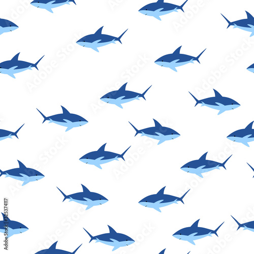 Vector sea animal wild. Seamless pattern with sharks on white background. Vector colorful illustration. Adorable character for cards, wallpaper, textile, fabric. Flat style.