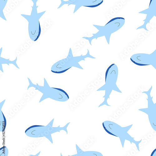 Vector sea animal wild. Seamless pattern with sharks on white background. Vector colorful illustration. Adorable character for cards, wallpaper, textile, fabric. Flat style.